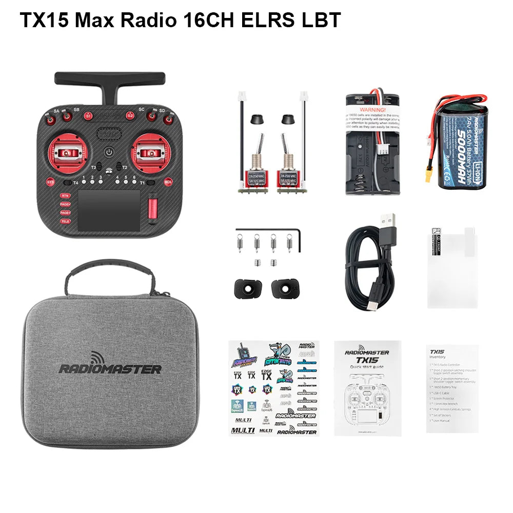 Red-accented RadioMaster TX15 MAX ELRS LBT kit with case, cable and accessories, plus battery