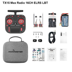 Red-accented RadioMaster TX15 MAX ELRS LBT kit with case, cable and accessories, plus battery