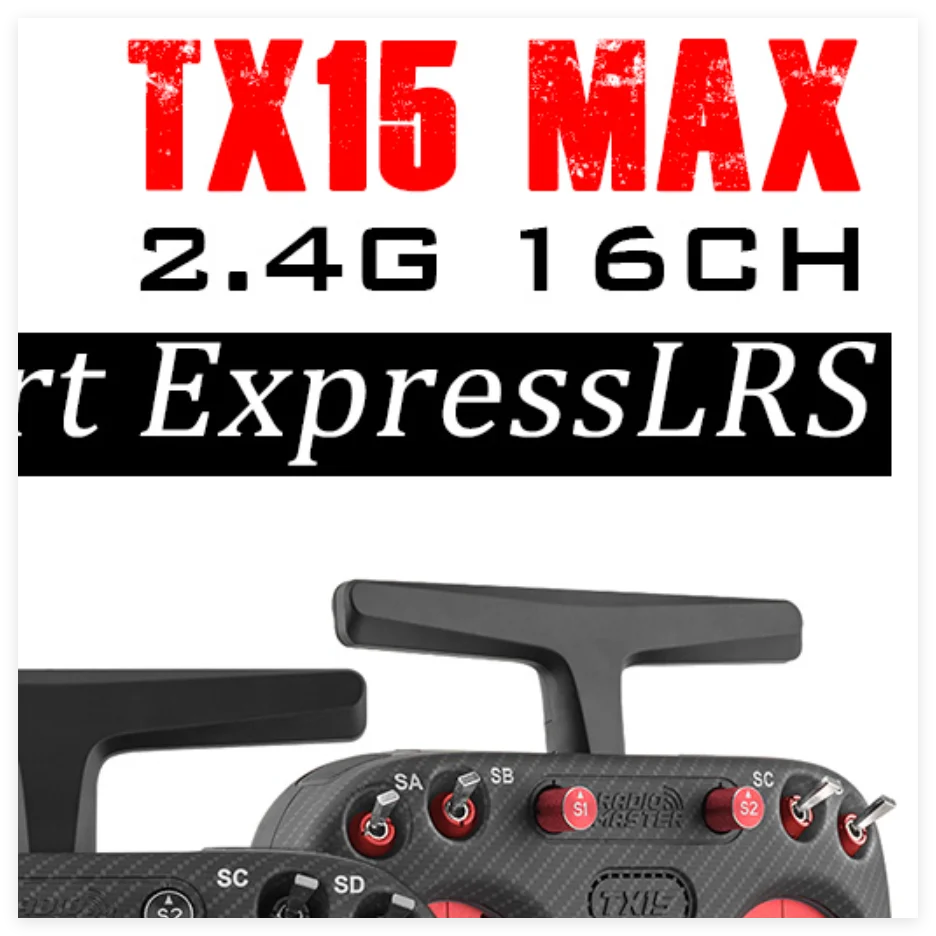 RadioMaster TX15 MAX ExpressLRS promotional graphic with red-accented top controls