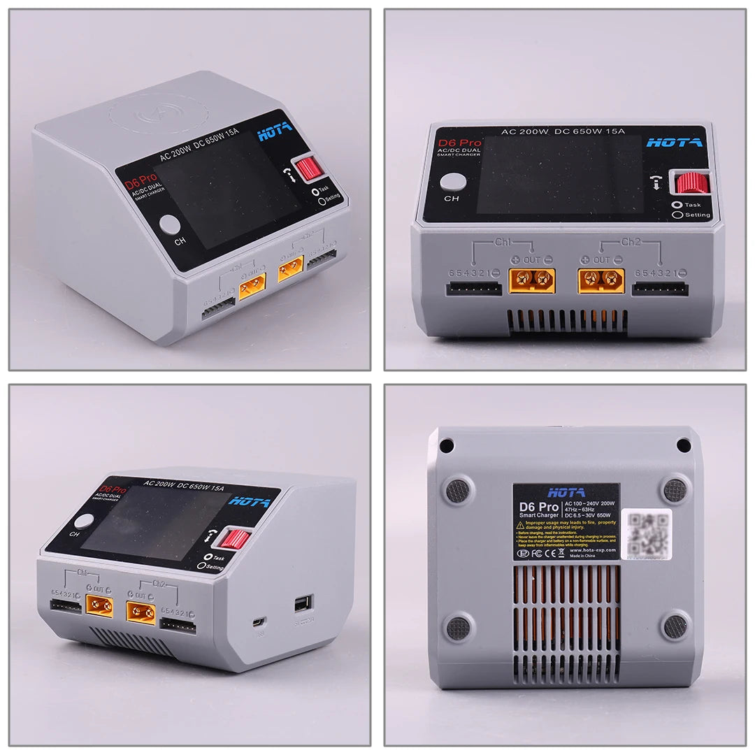 HOTA D6 Pro Dual-Channel Smart Charger — AC 200W / DC 650W, 15A×2, 1–6S LiPo/LiHV/LiFe, App Control, Wireless Charging