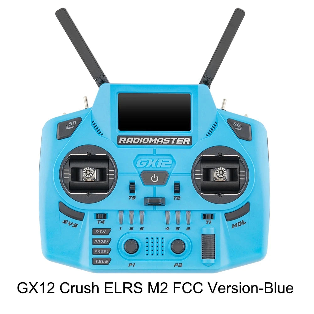 Blue RadioMaster GX12 Crush ELRS Mode 2 FCC transmitter, front view