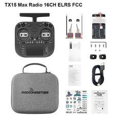 Silver-accented RadioMaster TX15 MAX ELRS FCC kit with case, cable and accessories