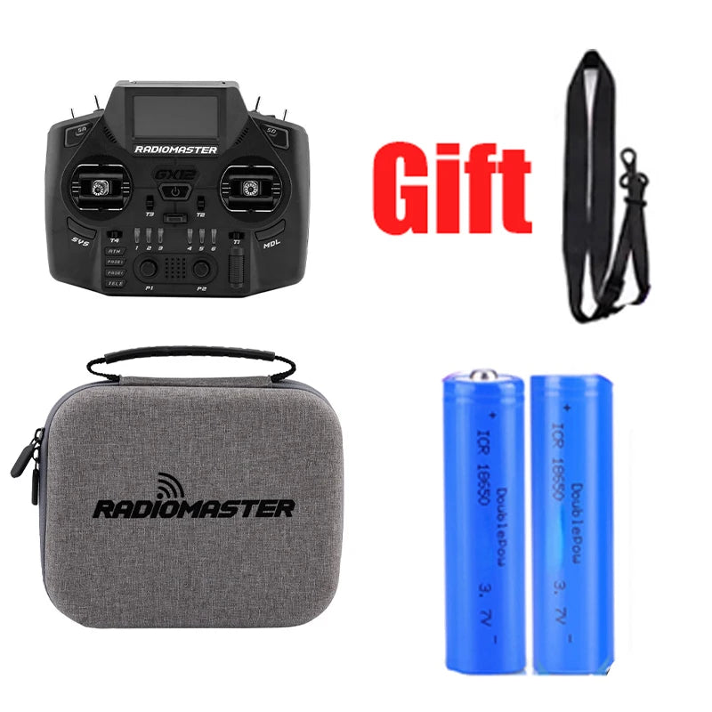 RadioMaster GX12 with case, neck strap and two blue cylindrical batteries