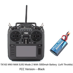Black RadioMaster TX16S MKII MAX ELRS Mode 2 FCC transmitter with 5000mAh battery, front view