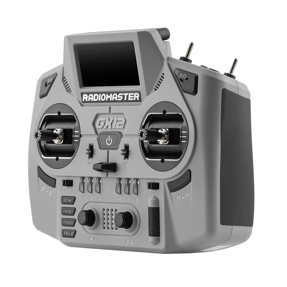Gray RadioMaster GX12 Crush, angled view showing side grip