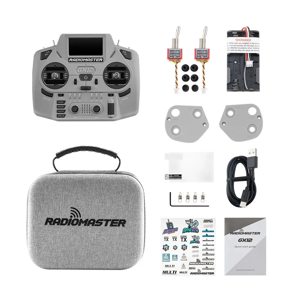 RadioMaster GX12 Crush with carrying case, USB cable, spare parts and printed materials