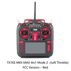 Red RadioMaster TX16S MKII MAX 4in1 Mode 2 FCC transmitter, front view