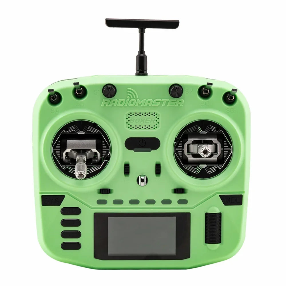 Green RadioMaster Boxer Crush transmitter, front view