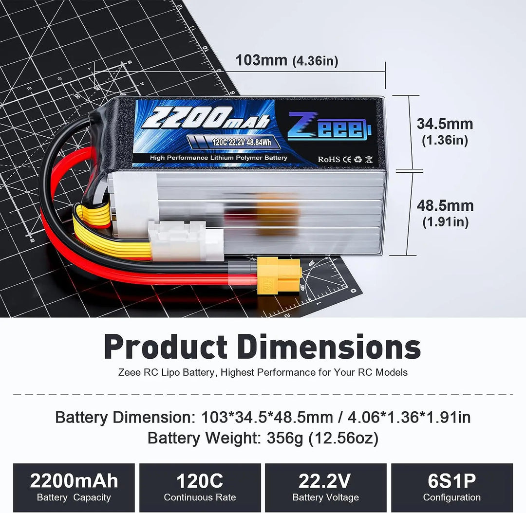 Zeee 6S 2200mAh LiPo Battery 22.2V 120C Softcase XT60 - RC Car Airplane FPV Drone Racing