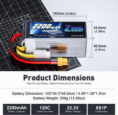 Zeee 6S 2200mAh LiPo Battery 22.2V 120C Softcase XT60 - RC Car Airplane FPV Drone Racing
