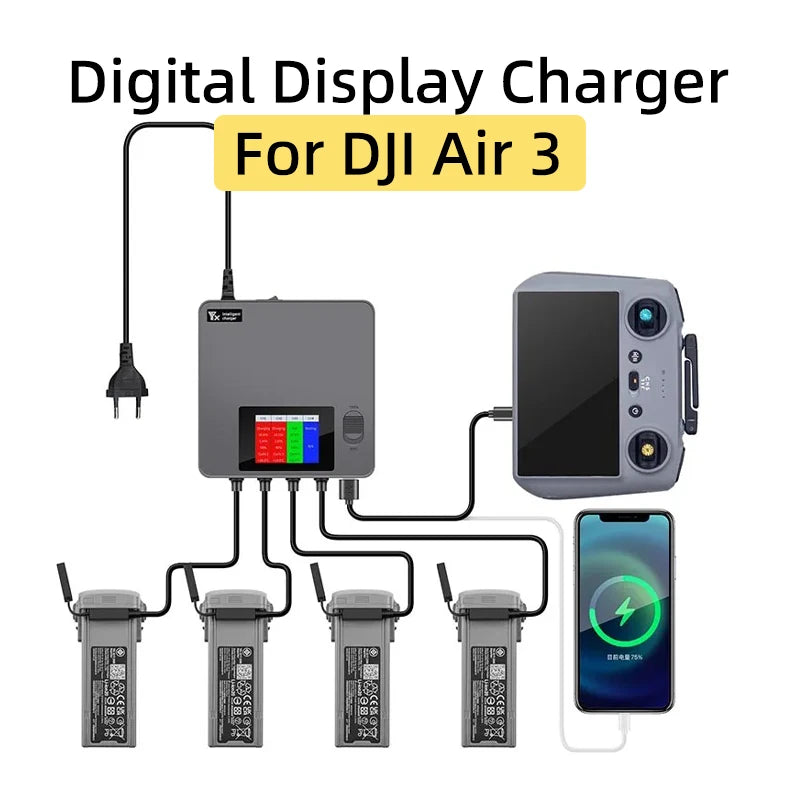 For DJI Air 3 Drone Battery Digital Display Charger 6 In 1 Charging Hub Fast Smart Charger With USB Adapter Port Accessories - Thedroneflight