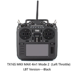 Black RadioMaster TX16S MKII MAX 4in1 Mode 2 LBT transmitter, front view