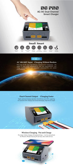 HOTA D6 Pro Dual-Channel Smart Charger — AC 200W / DC 650W, 15A×2, 1–6S LiPo/LiHV/LiFe, App Control, Wireless Charging
