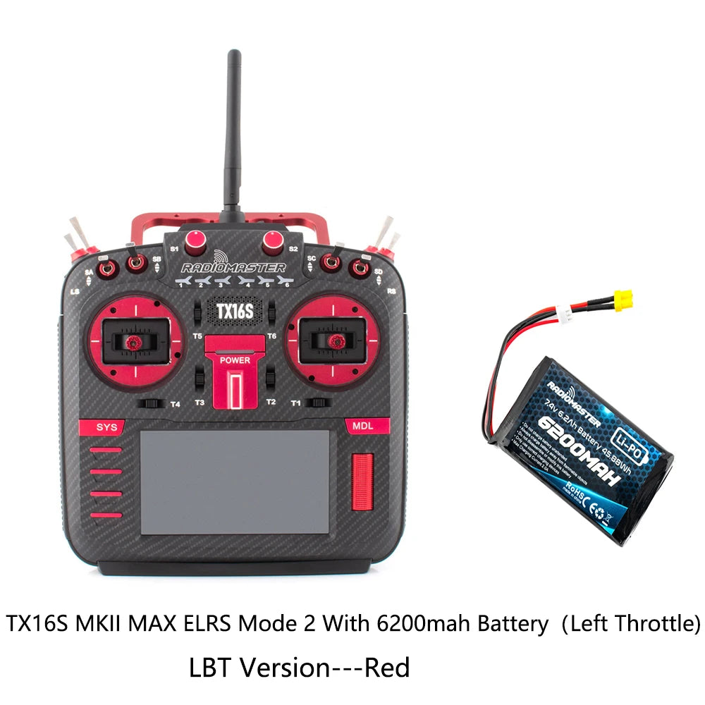 Red RadioMaster TX16S MKII MAX ELRS Mode 2 LBT transmitter with 6200mAh battery, front view
