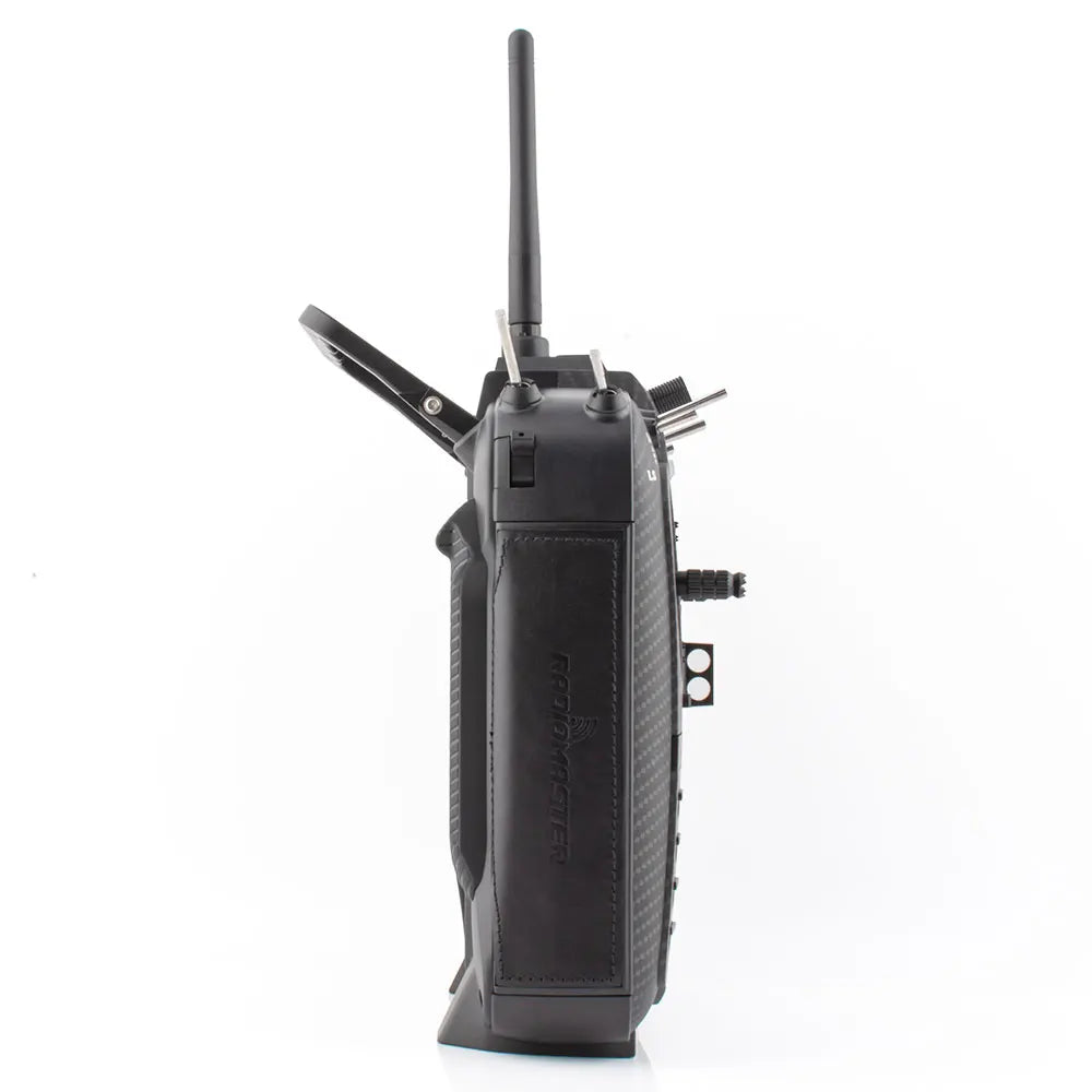 Black RadioMaster TX16S MKII MAX transmitter, side view