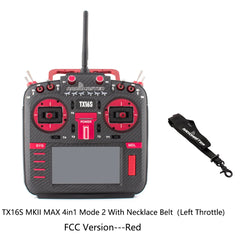 Red RadioMaster TX16S MKII MAX 4in1 Mode 2 FCC transmitter with neck strap, front view