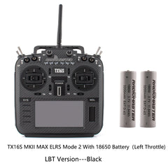 Black RadioMaster TX16S MKII MAX ELRS Mode 2 LBT transmitter with two 18650 batteries, front view