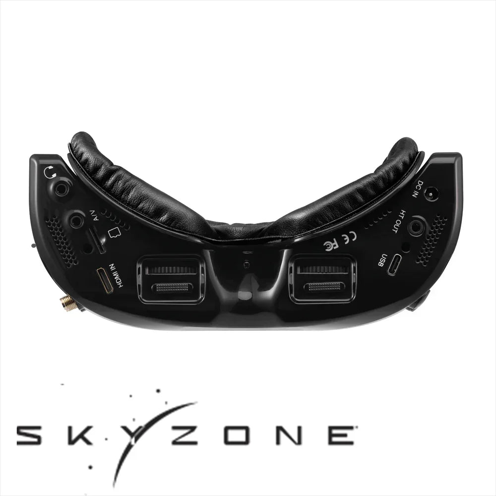 Black SKYZONE SKY04O PRO goggles, face-side view showing eyepieces, adjustment controls and cushion