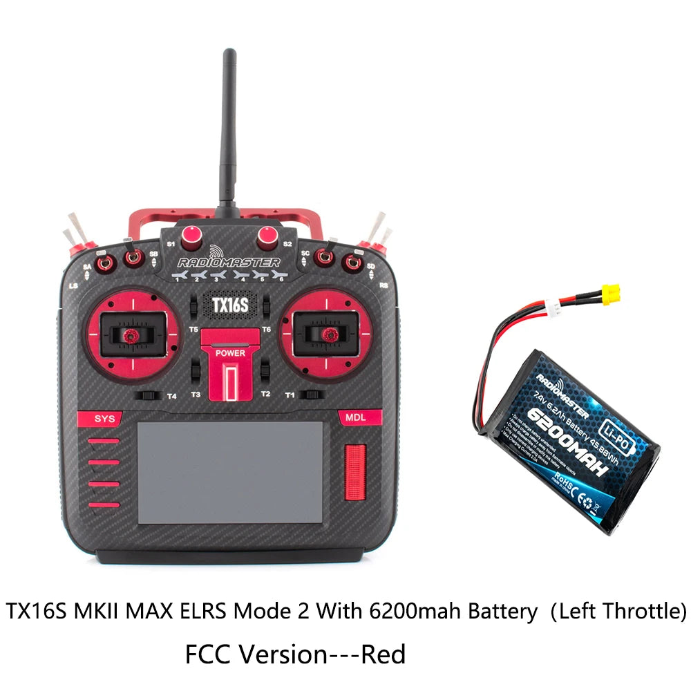 Red RadioMaster TX16S MKII MAX ELRS Mode 2 FCC transmitter with 6200mAh battery, front view