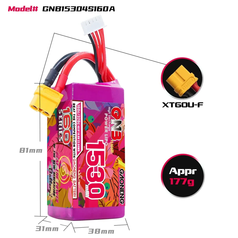 Gaoneng GNB 160C LiPo Battery XT60 — 4S & 6S, 1050-1730mAh for 3-6" FPV Drones