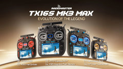 RadioMaster TX16S MK3 MAX promotional lineup with illuminated screens and four accent colors