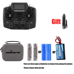 Black RadioMaster GX12 with carrying case, neck strap and three pictured battery choices