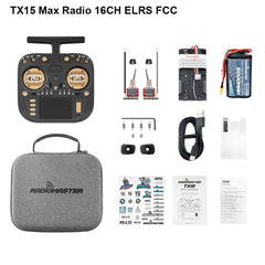 Gold-accented RadioMaster TX15 MAX ELRS FCC kit with case, cable and accessories, plus battery