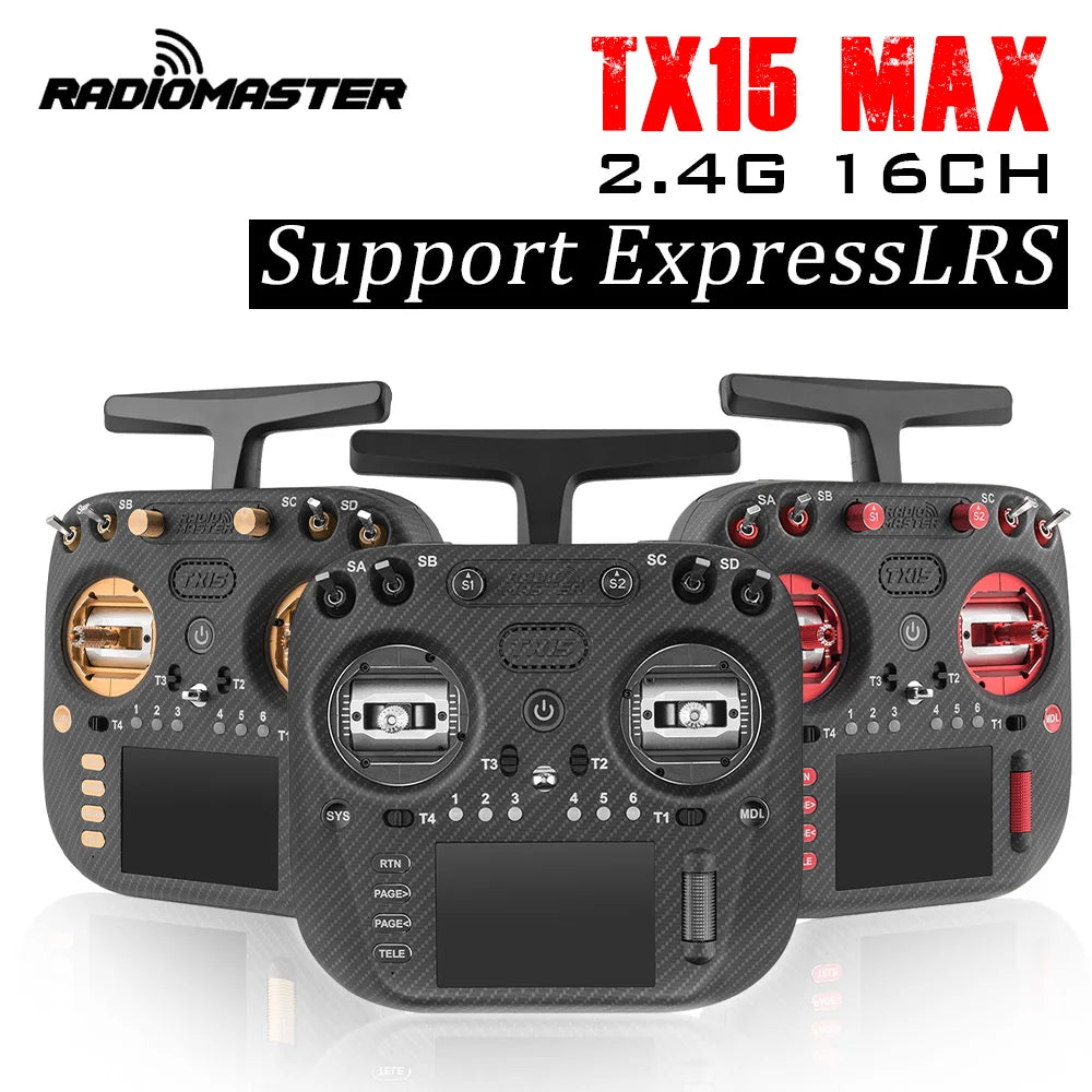 RadioMaster TX15 MAX promotional image showing gold, silver and red control accents