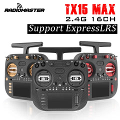 RadioMaster TX15 MAX promotional image showing gold, silver and red control accents