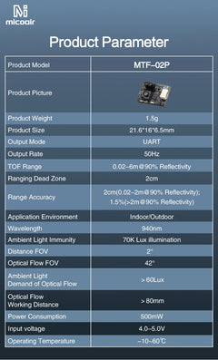 MicoAir Optical Flow & Range Sensor MTF-02P Compatible with Ardupilot/PX4/INAV