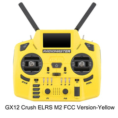 Yellow RadioMaster GX12 Crush ELRS Mode 2 FCC transmitter, front view