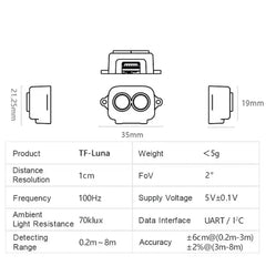 Benewake TF-Luna LiDAR Rangefinder — 0.2–8m, UART/I2C, 250Hz, VCSEL 850nm, for Pixhawk, ArduPilot & Arduino UAV