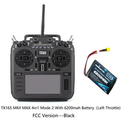 Black RadioMaster TX16S MKII MAX 4in1 Mode 2 FCC transmitter with 6200mAh battery, front view