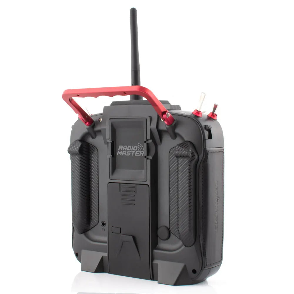 Red RadioMaster TX16S MKII MAX transmitter, rear view with carry handle