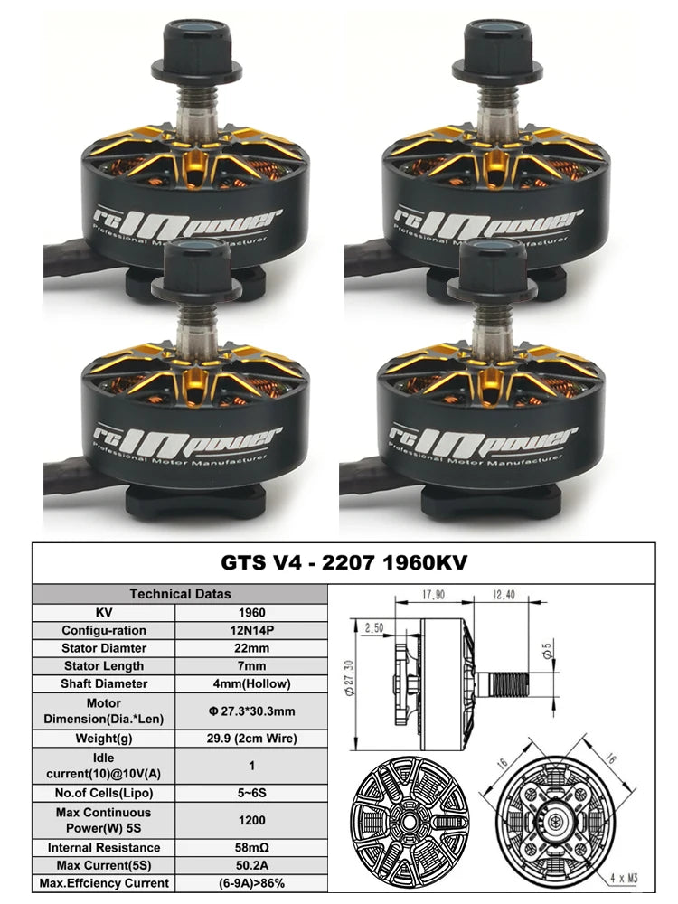 4PCS RCINPOWER GTS V4 2207 FPV Brushless Motor 5-6S 1960KV 2040KV For RC FPV 5inch Freestyle Racing Drone Quadcopter Motor - Thedroneflight