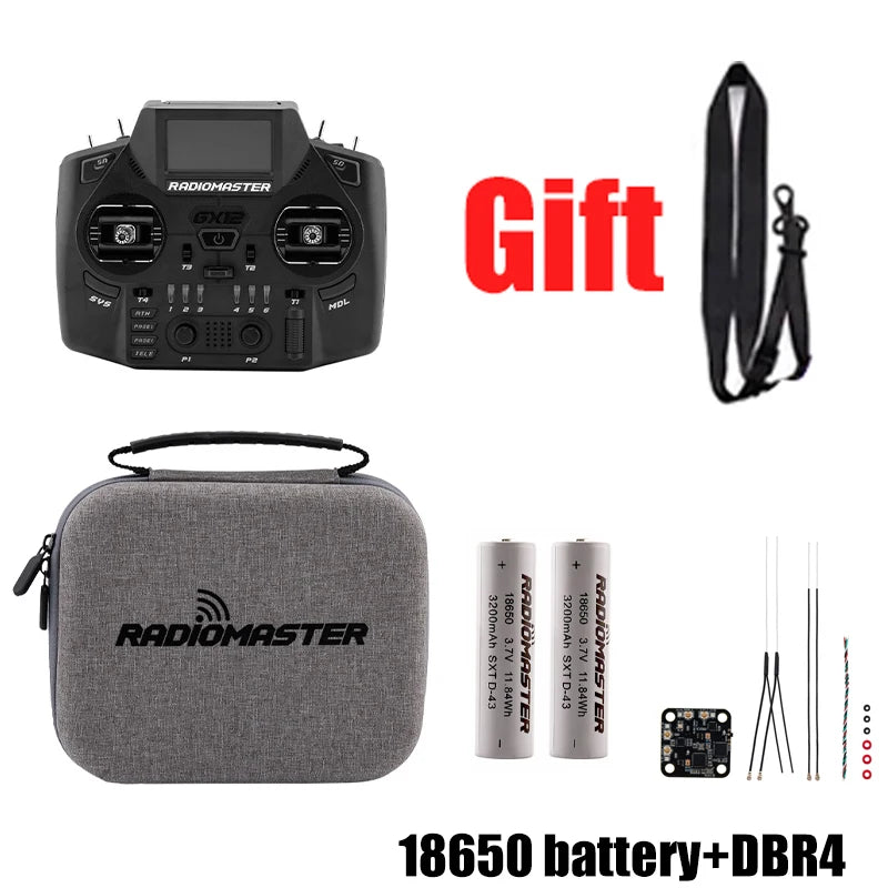 RadioMaster GX12 with case, neck strap, two 18650 batteries and DBR4 receiver
