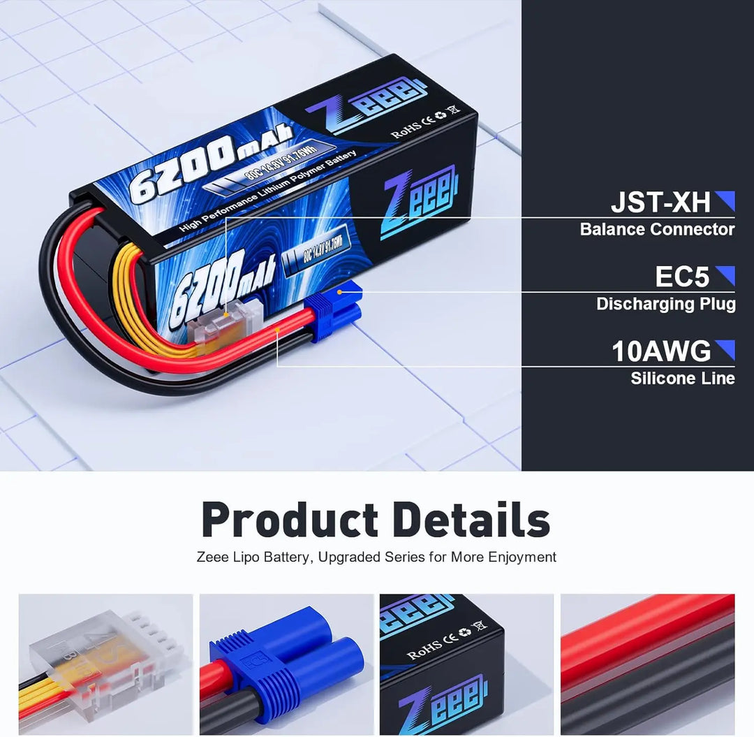 Zeee 4S 6200mAh LiPo Battery 14.8V 80C Hardcase EC5 Plug - RC Car Buggy Truggy Racing