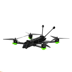 iFlight Nazgul Evoque F7, front three-quarter view with green motor guards and twin antennas